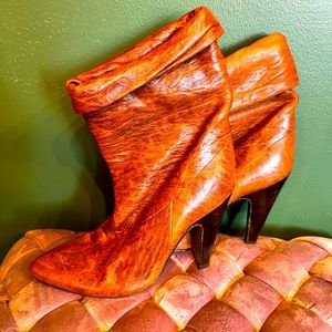 Vintage Cognac Italian Leather Slouchy Booties with Wood Stacked Heel